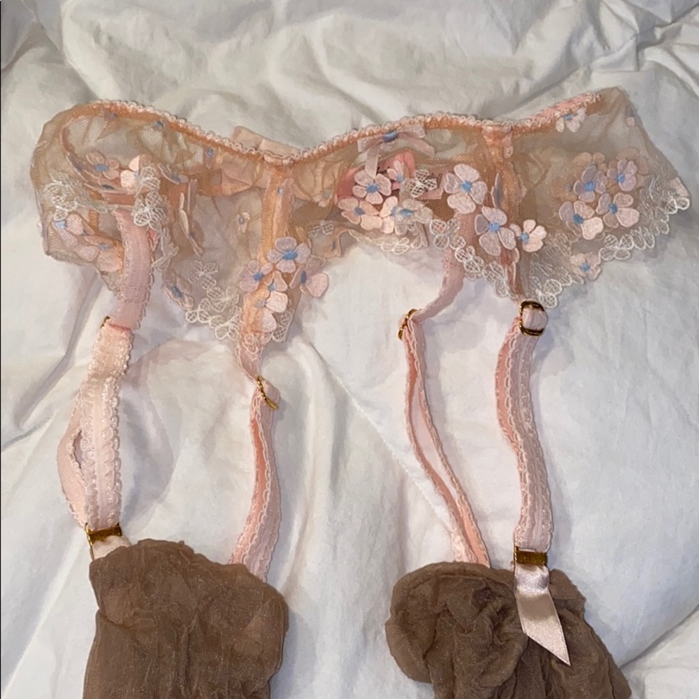Agent Provocateur Pink and Nude Floral Lace Garter Belt